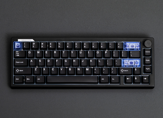 Top view of the black EPOMAKER Magcore65 Lite 65% inductive analogue gaming keyboard with clear accent keycaps and knob