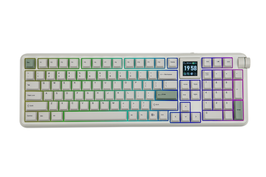 Top view of the white EPOMAKER RT100 PRO retro wireless mechanical keyboard with colourful RGB backlighting