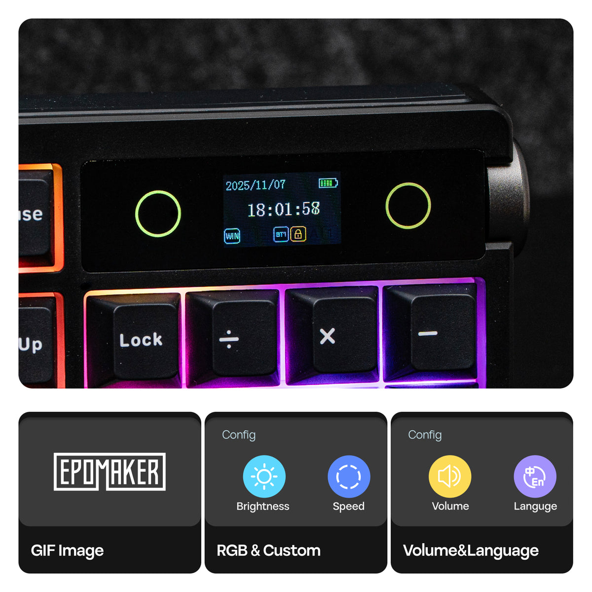 Close-up of the EPOMAKER TH108 PRO full-size wireless mechanical keyboard with TFT display and rotary knob