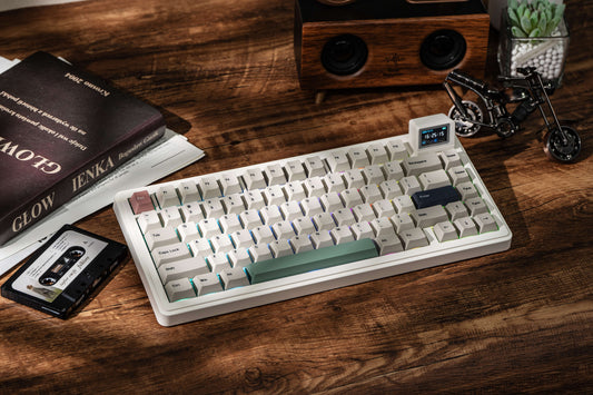 Angled white EPOMAKER RT82 retro 75% wireless mechanical keyboard with green and blue accent keycaps
