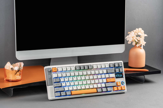 Angled EPOMAKER RT85 retro 75% wireless mechanical keyboard in white and grey with orange accent keycaps