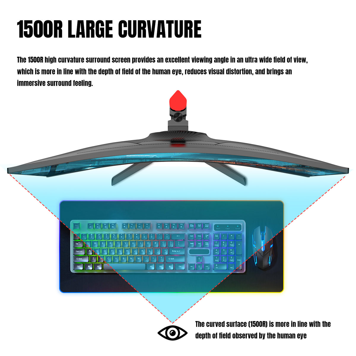 Overhead view of the curved ultrawide monitor with a keyboard and mouse, illustrating its 1500R curve.