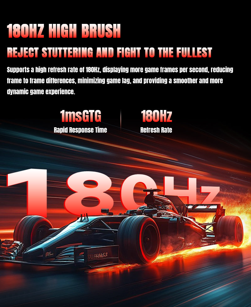 Racing car graphic highlighting the monitor's 180Hz refresh rate and supplier-rated 1ms GtG response time.