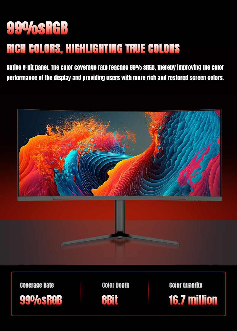 Colourful abstract artwork on the ultrawide monitor, with 99% sRGB coverage and native 8-bit colour labels.