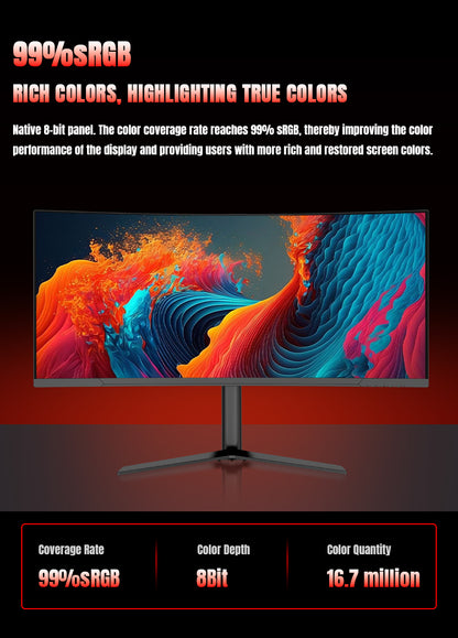 Colourful abstract artwork on the ultrawide monitor, with 99% sRGB coverage and native 8-bit colour labels.