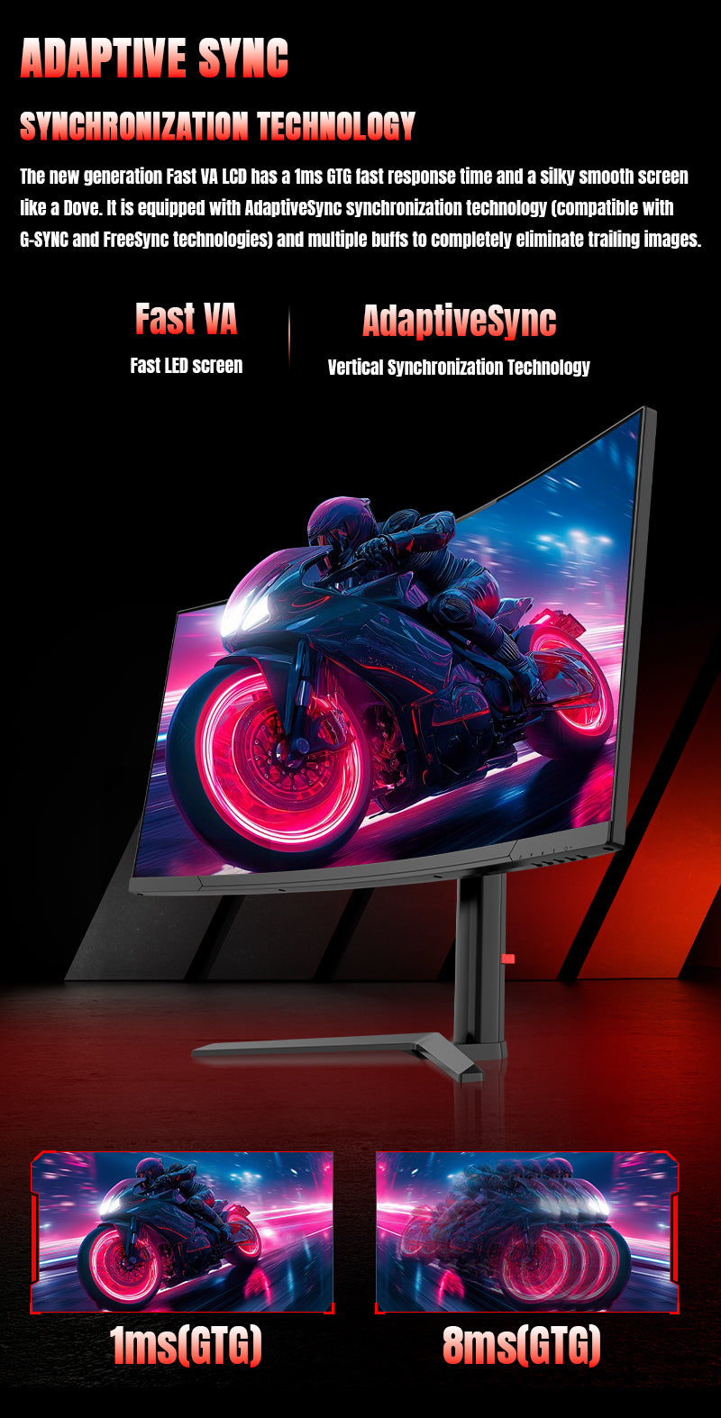 Adaptive Sync graphic with a motorcycle scene on the curved monitor and a response-time comparison.