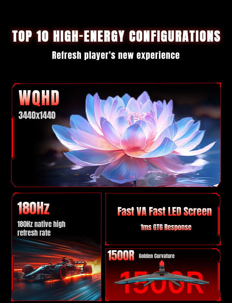 Monitor feature overview with lotus and racing graphics highlighting UWQHD 3440 × 1440, 180Hz and 1500R.