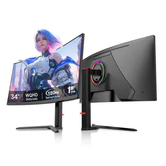 Front and rear views of the 34-inch ultrawide monitor, showing its curved screen and rear RGB lighting.
