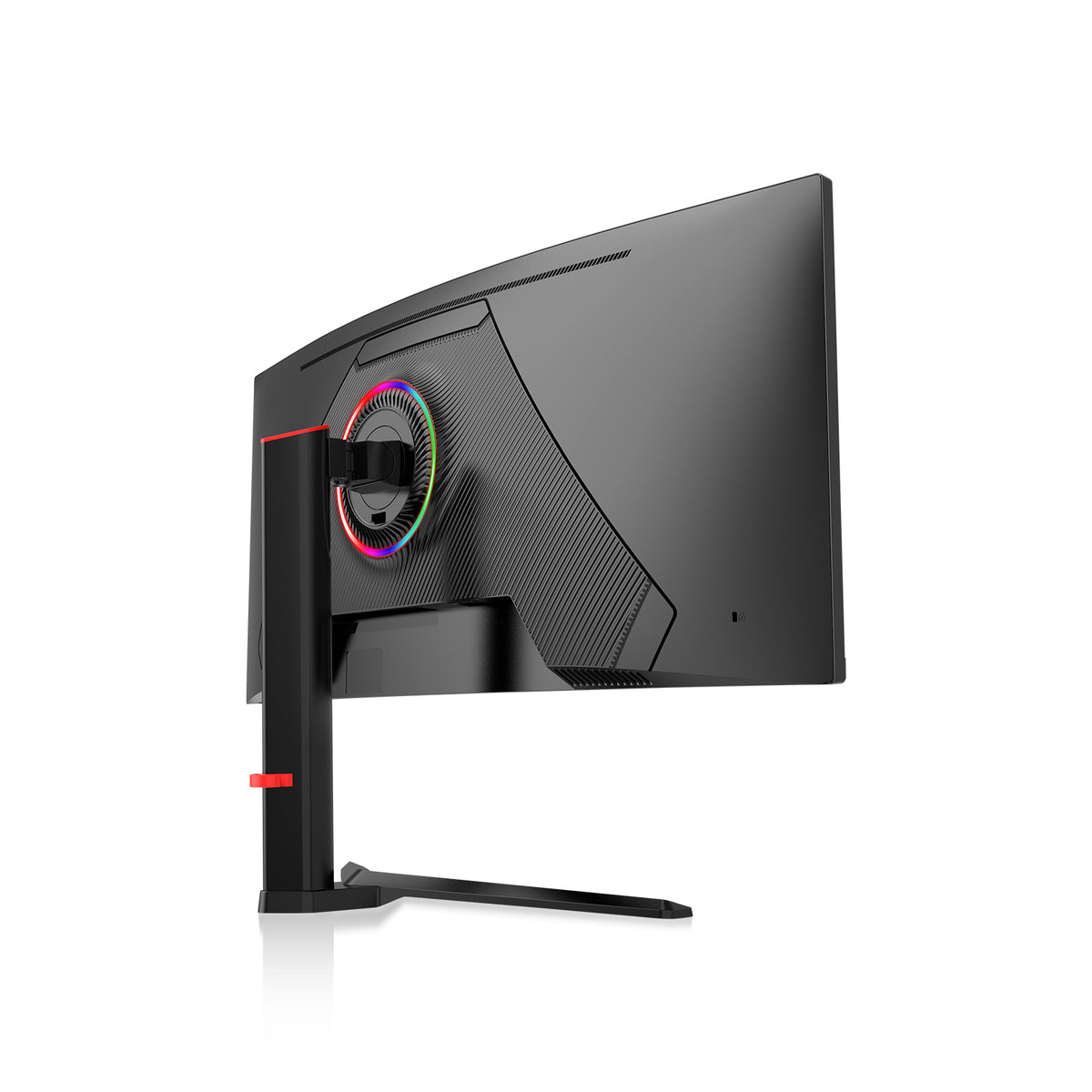Rear three-quarter view of the curved ultrawide monitor with an illuminated RGB ring and black stand.