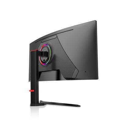 Rear three-quarter view of the curved ultrawide monitor with an illuminated RGB ring and black stand.
