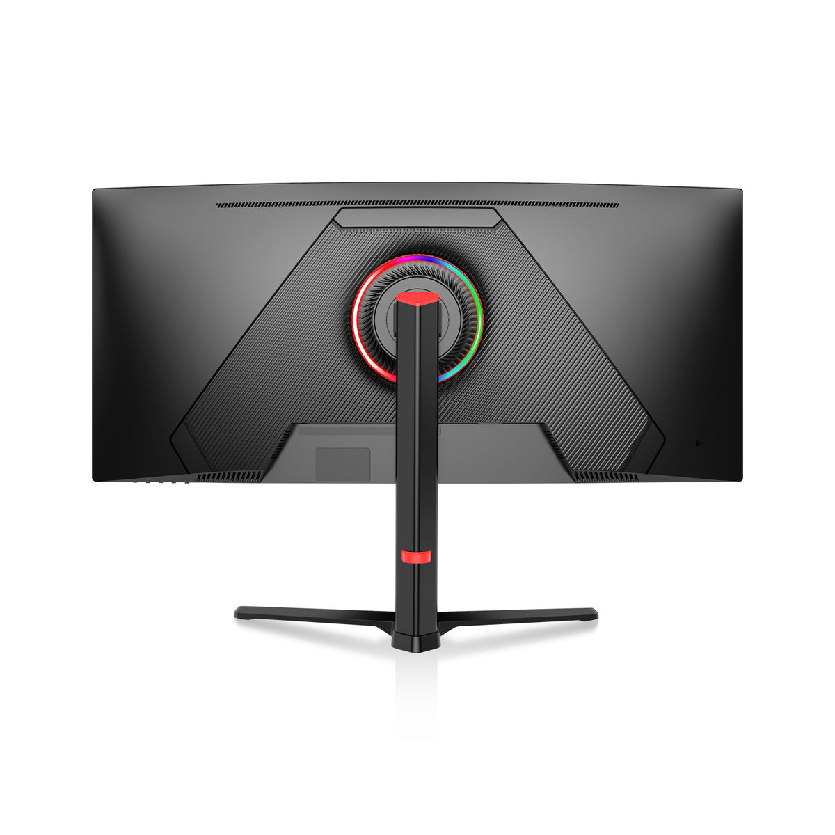 Straight rear view of the 34-inch monitor with RGB ring lighting, textured back panel and black stand.