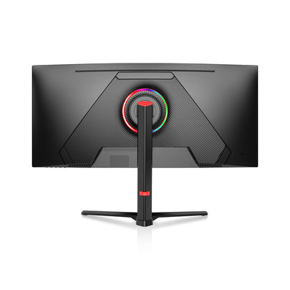 Straight rear view of the 34-inch monitor with RGB ring lighting, textured back panel and black stand.