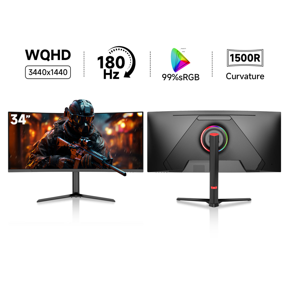 34-inch monitor overview showing UWQHD 3440 × 1440, 180Hz, 99% sRGB, 1500R curvature and rear RGB lighting.