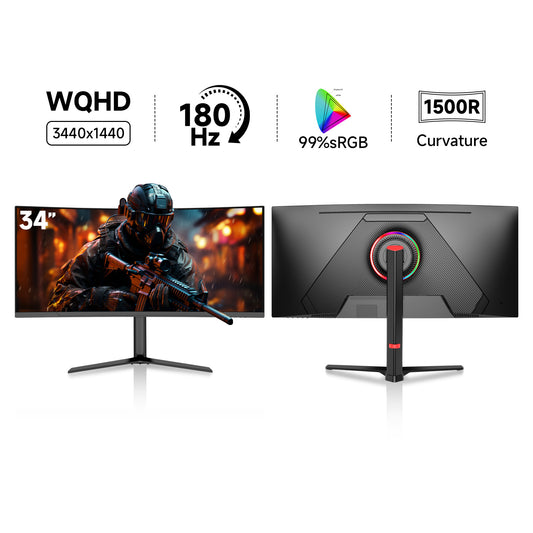 34-inch monitor overview showing UWQHD 3440 × 1440, 180Hz, 99% sRGB, 1500R curvature and rear RGB lighting.