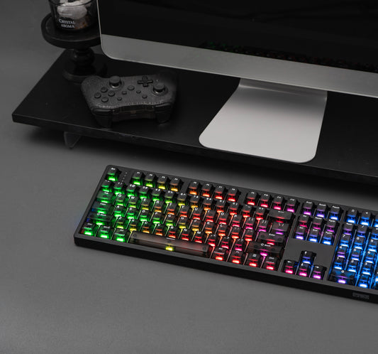 Black EPOMAKER HE108 full-size Hall Effect gaming keyboard with RGB backlighting and 108-key layout