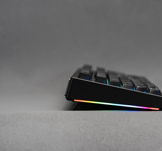 Side profile of the black EPOMAKER HE108 full-size Hall Effect gaming keyboard with RGB front light bar