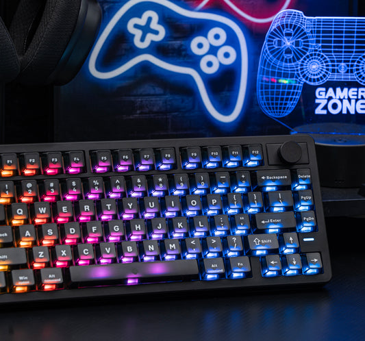 Black EPOMAKER HE75 V2 Hall Effect gaming keyboard with translucent keycaps, RGB lighting and rotary knob