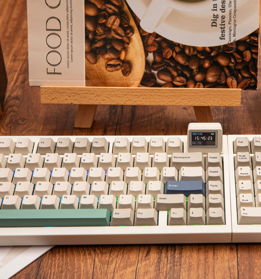 Close-up of the EPOMAKER RT98 retro modular mechanical keyboard with Mini TV display and numeric keypad