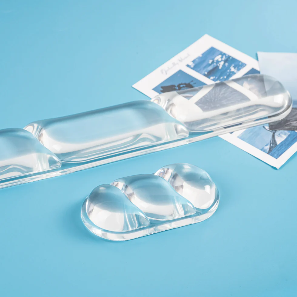 Clear EPOMAKER CloudGel keyboard and mouse wrist rests arranged on a blue desk
