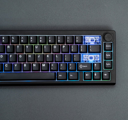 Close-up of the black EPOMAKER Magcore65 Lite 65% inductive analogue gaming keyboard with RGB-lit navigation keys and knob