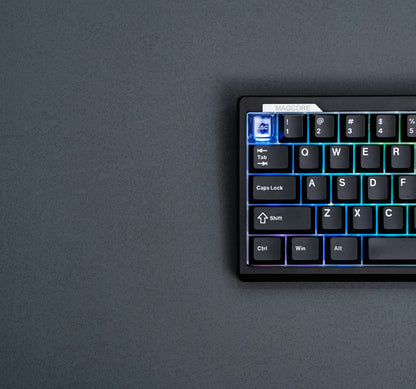 Close-up of the black EPOMAKER Magcore65 Lite 65% inductive analogue gaming keyboard with RGB-lit left keys