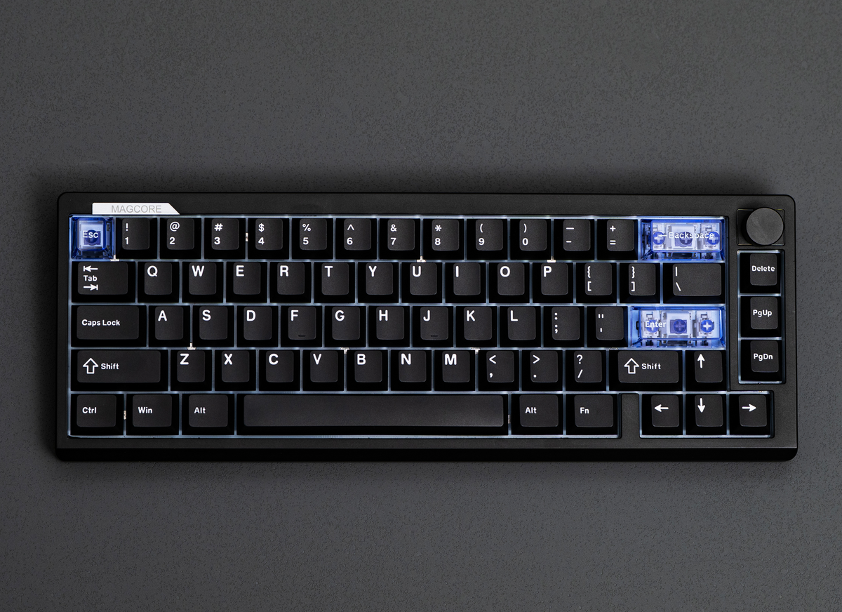 Top view of the black EPOMAKER Magcore65 Lite 65% inductive analogue gaming keyboard with clear accent keycaps and knob