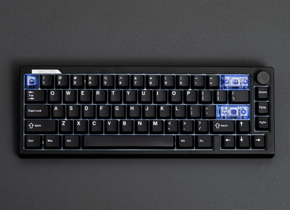 Top view of the black EPOMAKER Magcore65 Lite 65% inductive analogue gaming keyboard with clear accent keycaps and knob