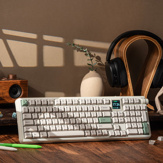 White EPOMAKER RT100 PRO retro wireless mechanical keyboard with compact full-size layout and control knob