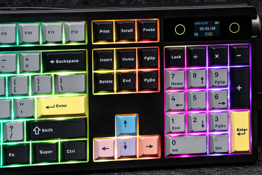 Close-up of the black EPOMAKER TH108 PRO full-size wireless mechanical keyboard with TFT display, knob and numpad