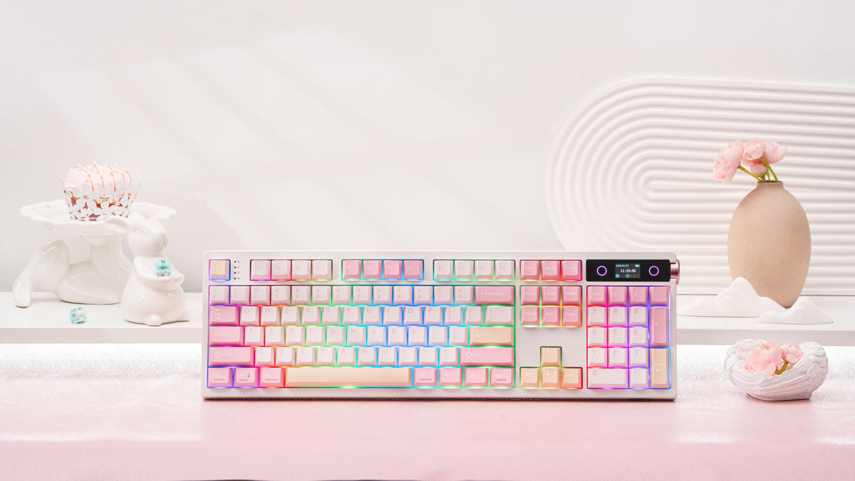 Pink EPOMAKER TH108 PRO full-size wireless mechanical keyboard with RGB lighting across its 104-key layout