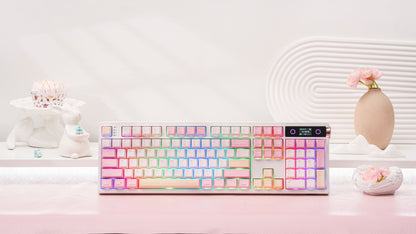 Pink EPOMAKER TH108 PRO full-size wireless mechanical keyboard with RGB lighting across its 104-key layout