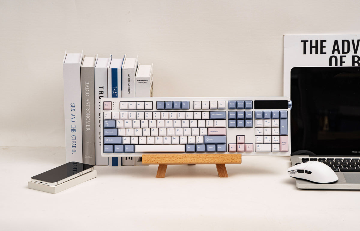Angled EPOMAKER TH108 PRO full-size wireless mechanical keyboard with pastel accent keycaps