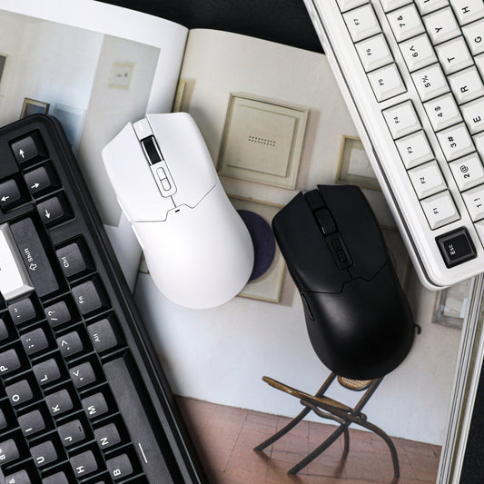 White and Black EPOMAKER Click wireless gaming mice in a top view