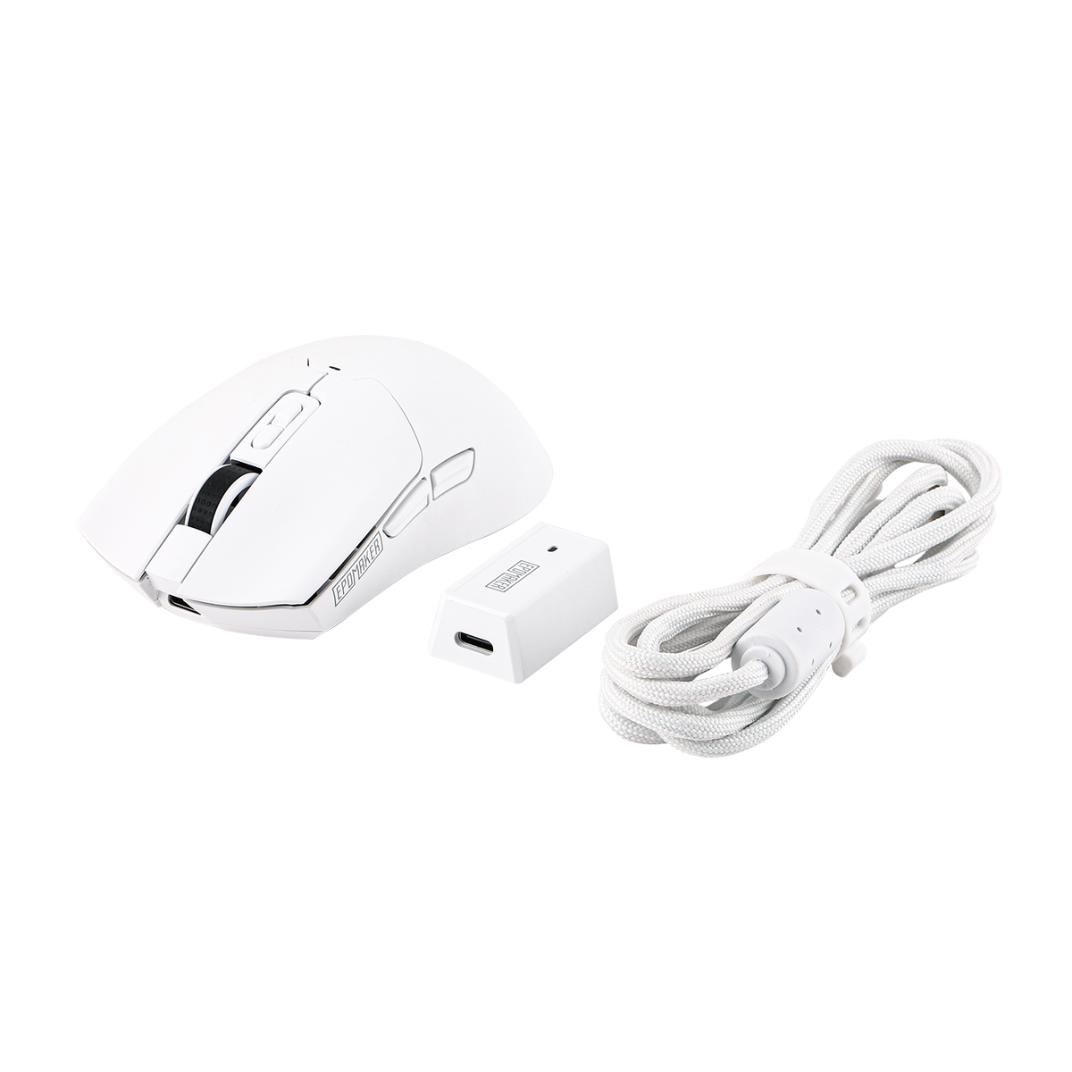 White EPOMAKER Click mouse with receiver, cable, manual and grip tape