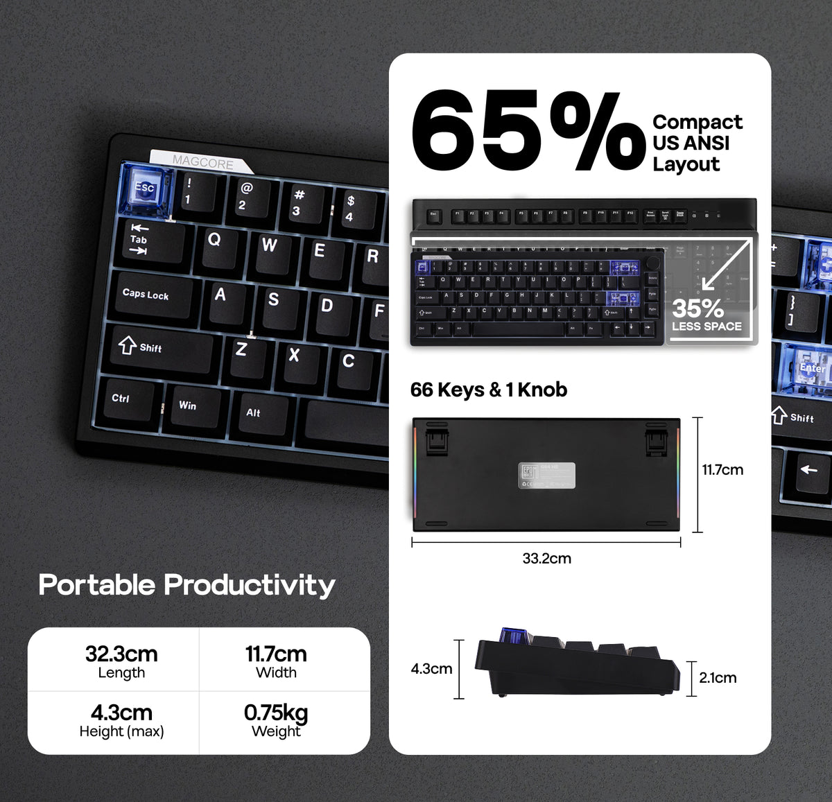 EPOMAKER Magcore65 Lite 65% inductive analogue gaming keyboard showing its compact 66-key dimensions