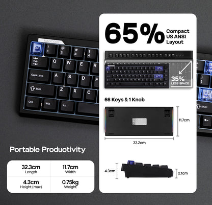 EPOMAKER Magcore65 Lite 65% inductive analogue gaming keyboard showing its compact 66-key dimensions