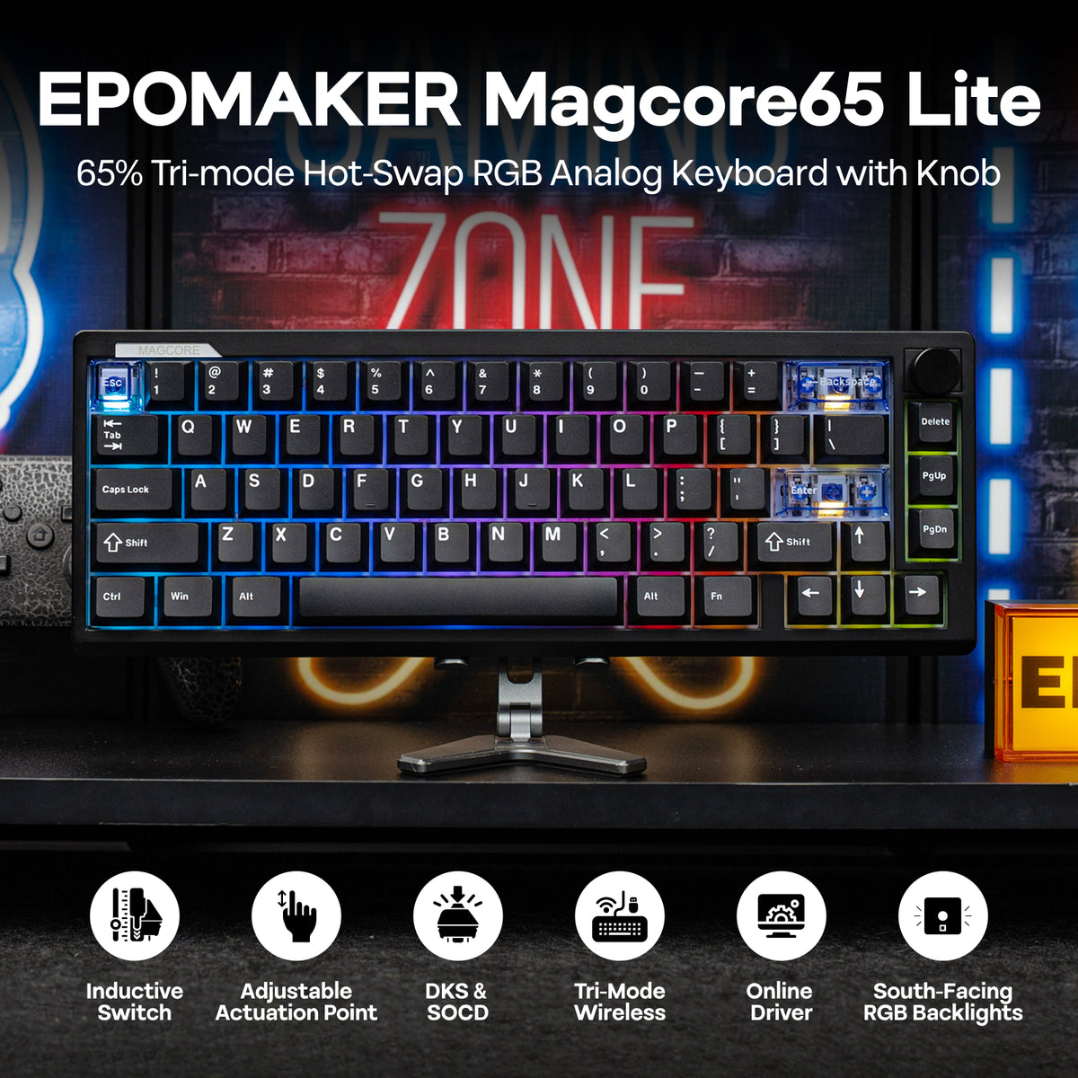 EPOMAKER Magcore65 Lite 65% inductive analogue gaming keyboard with compact layout and RGB lighting