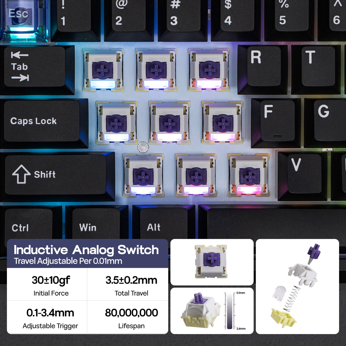 Close-up of the EPOMAKER Magcore65 Lite 65% inductive analogue gaming keyboard with Core switches