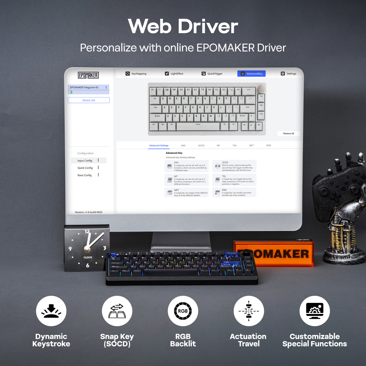 EPOMAKER Magcore65 Lite 65% inductive analogue gaming keyboard showing web-based customisation controls