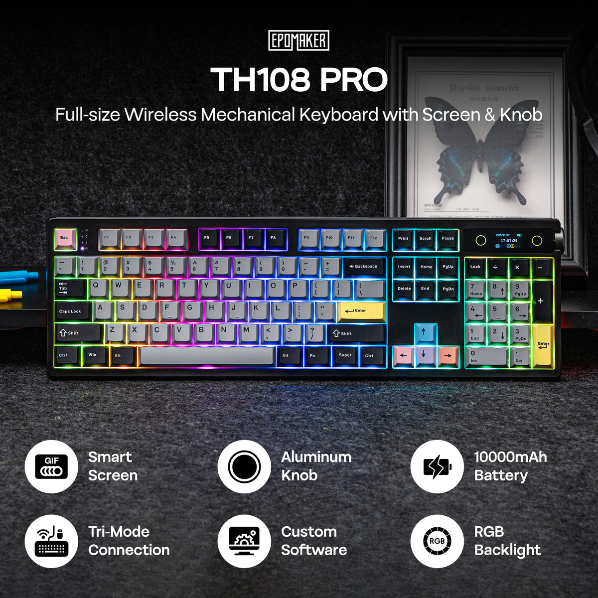 Black EPOMAKER TH108 PRO full-size wireless mechanical keyboard with TFT display and per-key RGB