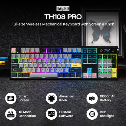 Black EPOMAKER TH108 PRO full-size wireless mechanical keyboard with TFT display and per-key RGB