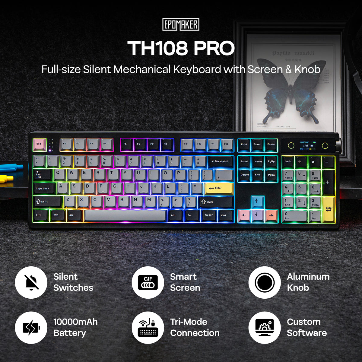 EPOMAKER TH108 PRO full-size wireless mechanical keyboard showing its display, knob and full-size RGB layout