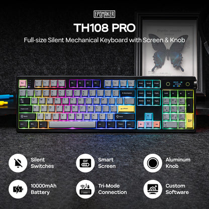 EPOMAKER TH108 PRO full-size wireless mechanical keyboard showing its display, knob and full-size RGB layout