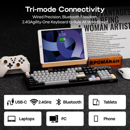 EPOMAKER TH108 PRO full-size wireless mechanical keyboard showing USB-C, 2.4 GHz and Bluetooth connectivity