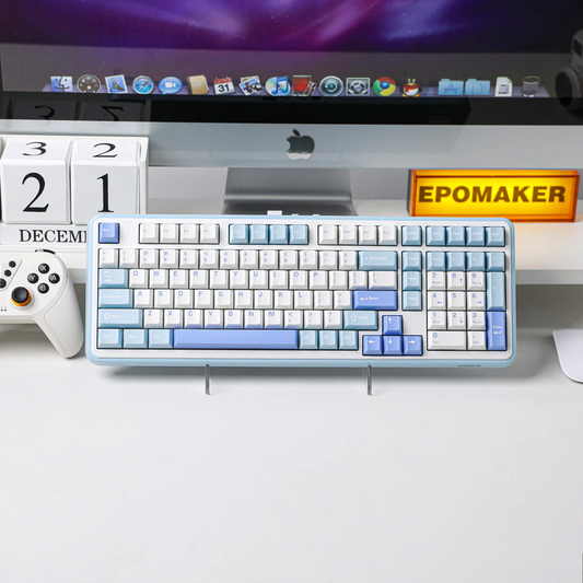 White EPOMAKER TH99 96% wireless mechanical keyboard with compact layout and blue accent keycaps