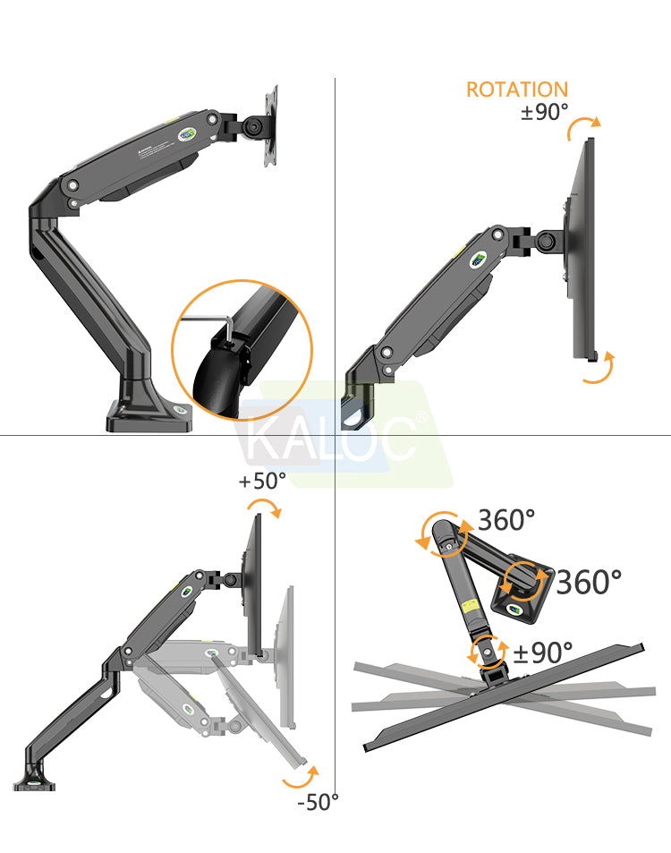 KALOC DS110 adjustment diagram showing monitor tilt, rotation and arm swivel.