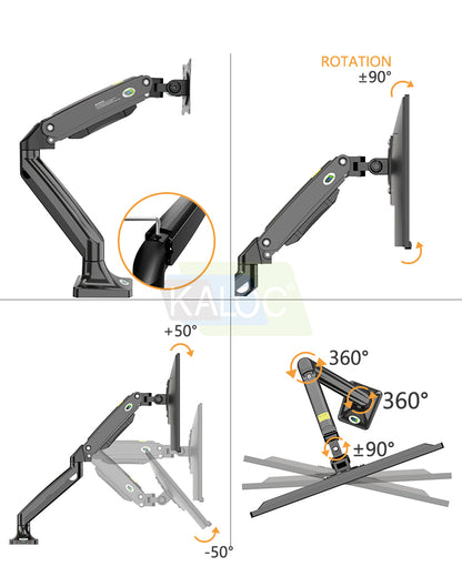 KALOC DS110 adjustment diagram showing monitor tilt, rotation and arm swivel.