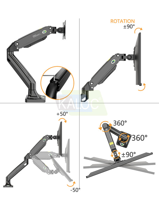 KALOC DS110 adjustment diagram showing monitor tilt, rotation and arm swivel.