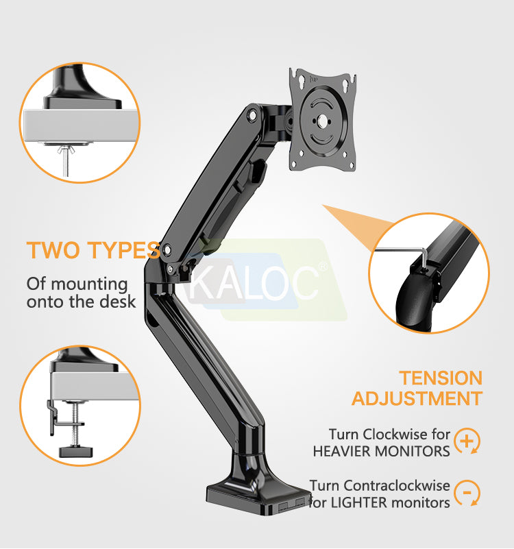 KALOC DS110 diagram showing desk clamp and through-desk mounting, plus tension adjustment.