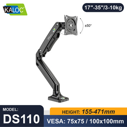 KALOC DS110 specification graphic showing screen size, load capacity, height and VESA mounting patterns.